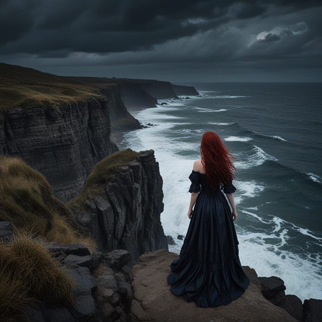 A woman with fiery red hair stands at the edge of a windswep...