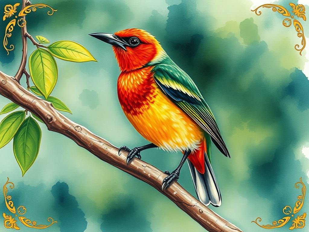 Bird in Gold Leaf Watercolor