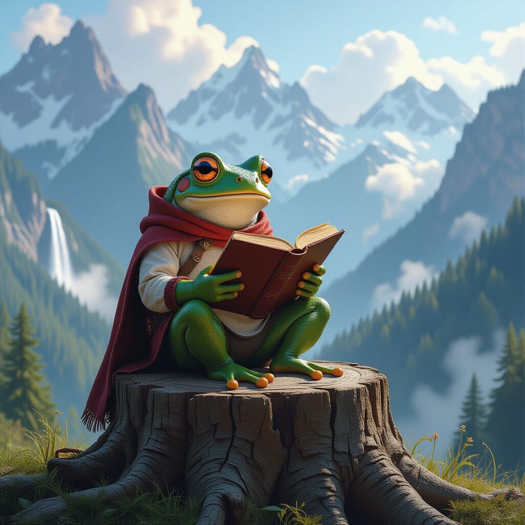 Frog Reader in Mountain Landscape, Digital Matte Painting