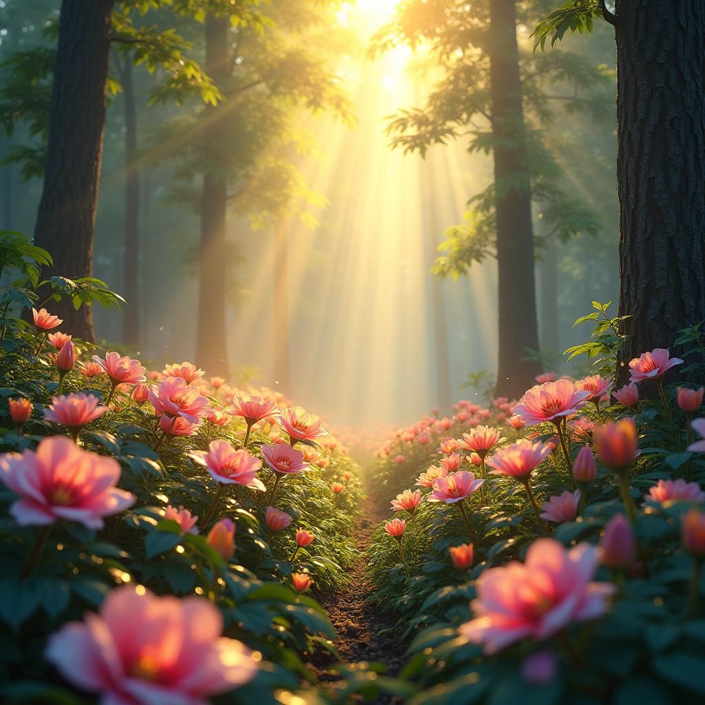 Luminous Forest with Crystal Flowers: Fantasy Concept Art