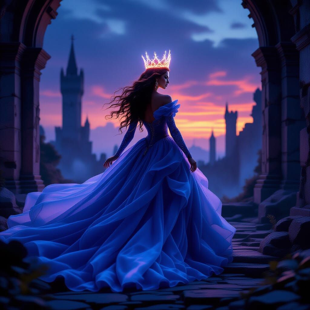 Regal Queen in Mist Gown, Ruined Kingdom Twilight Portrait