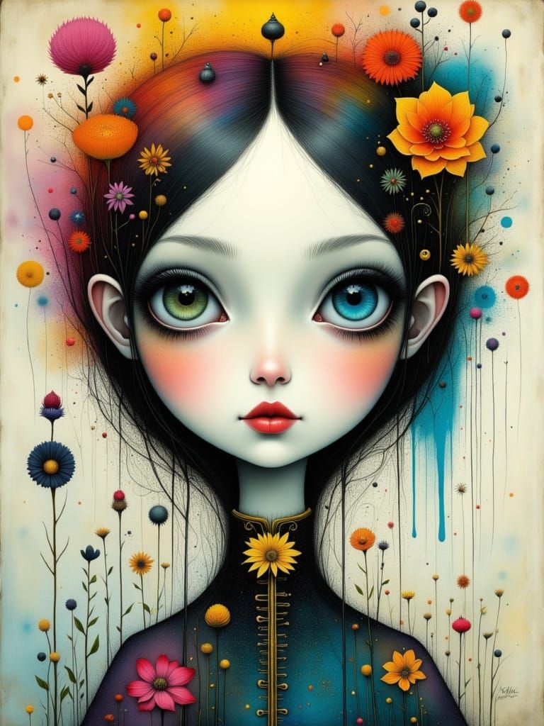 Ethereal Gothic Woman in Surreal Post-Punk Watercolor