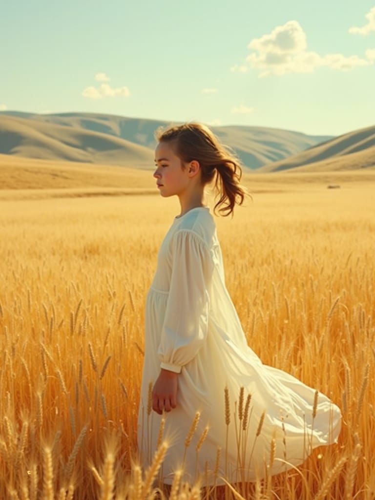 Golden Wheat Field with Girl, Impressionist Style