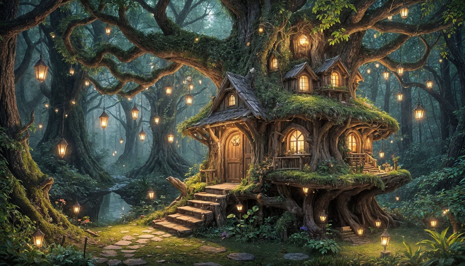 Whimsical Gnome Treehouse in a Dreamy Woodland Scene