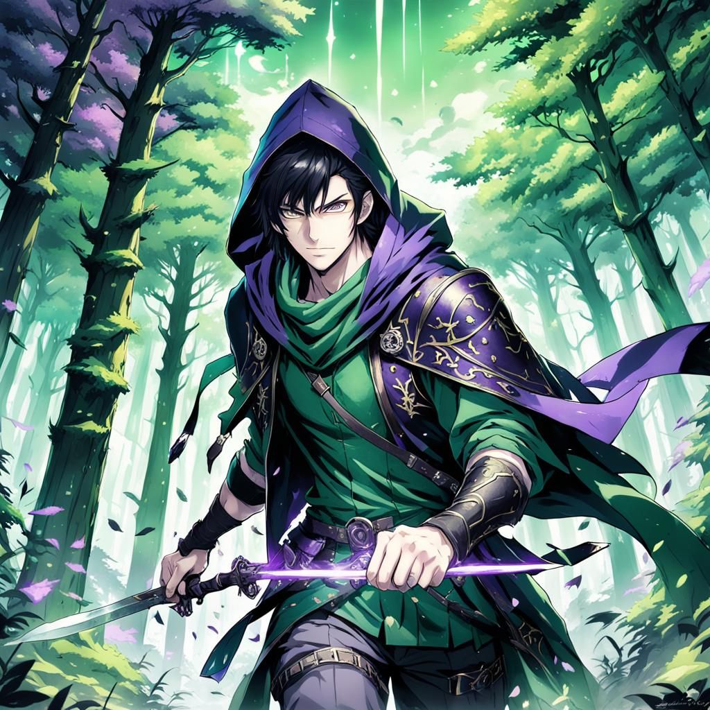 Anime Style Adventurer in Purple Forest