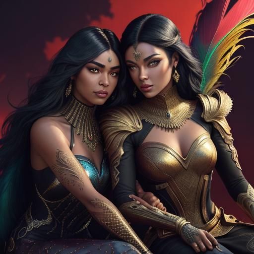 Gold-Skinned Woman with Peacock Feathers, Digital Art