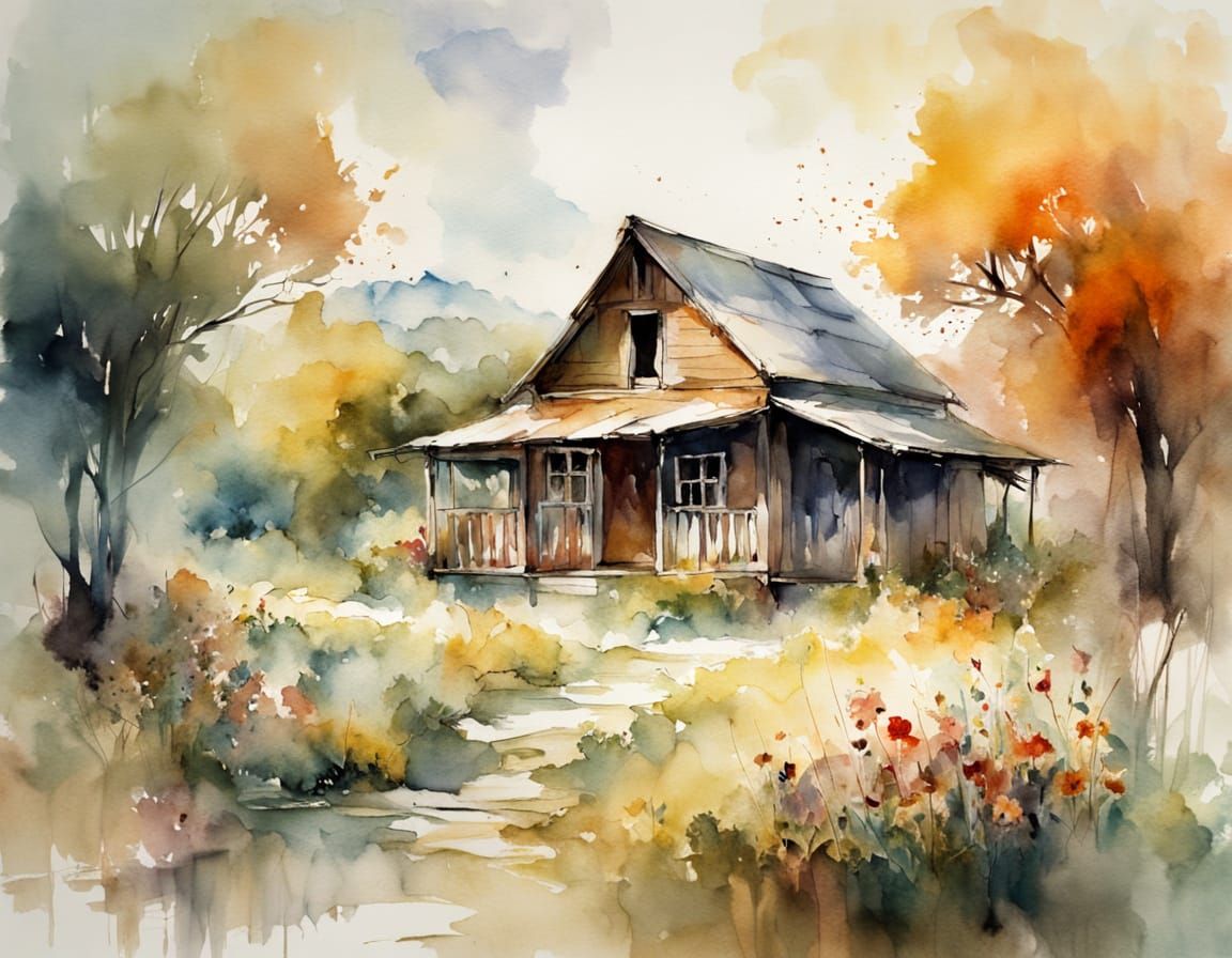 Rustic Cabins in Flowered Meadow as Watercolor