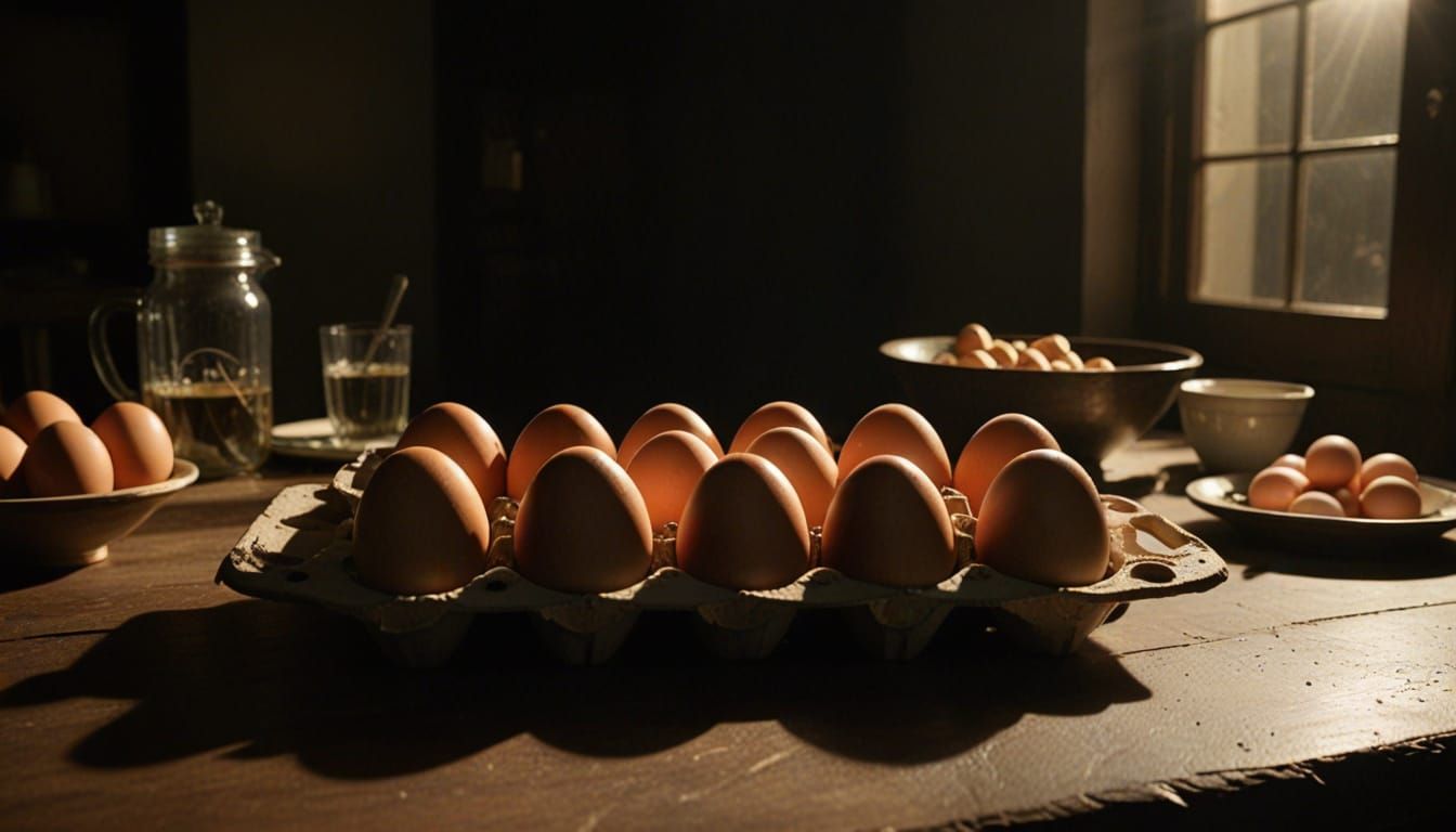 Eggs on a Table in a Cinematic Film Still