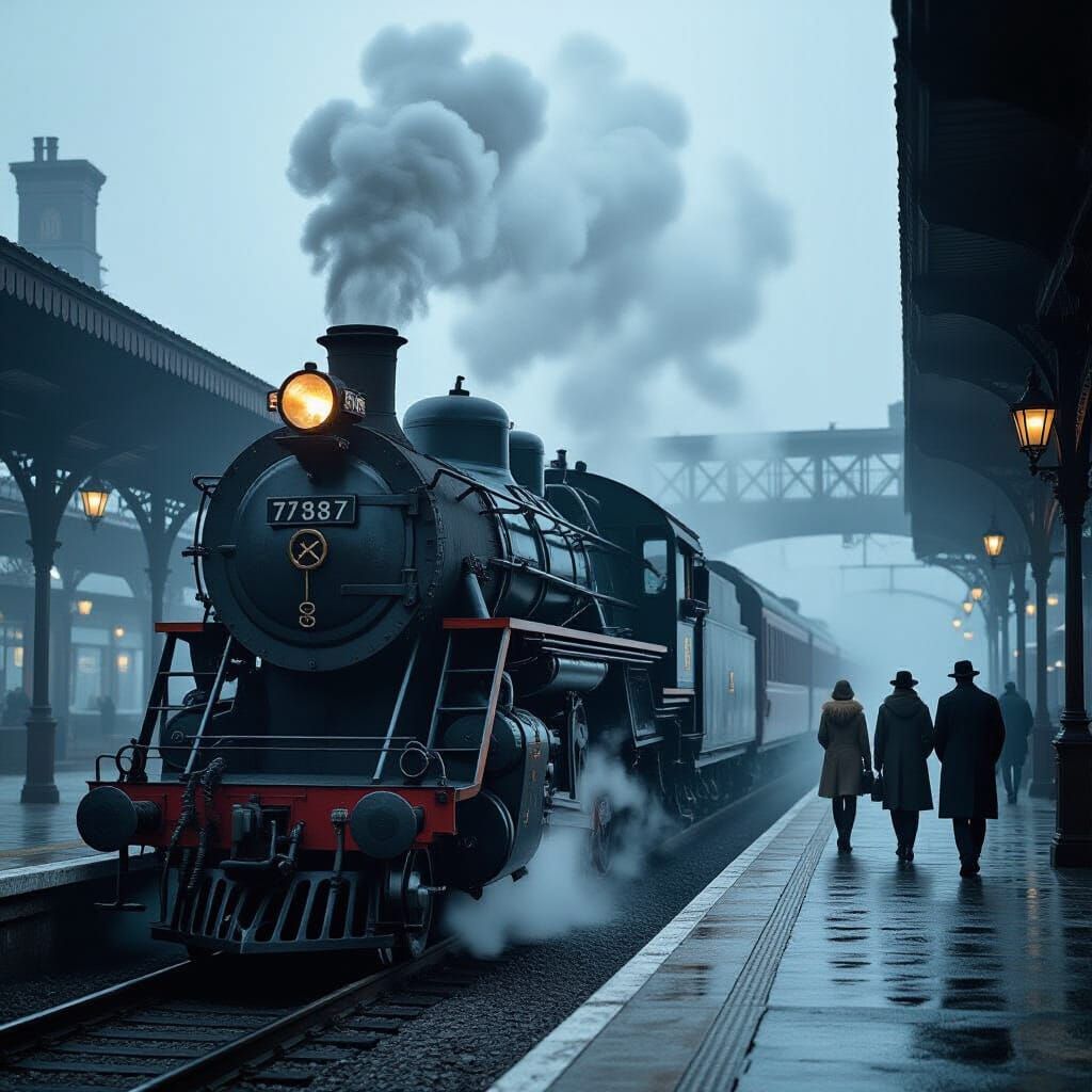Misty Retro-Futuristic Steam Train at Station