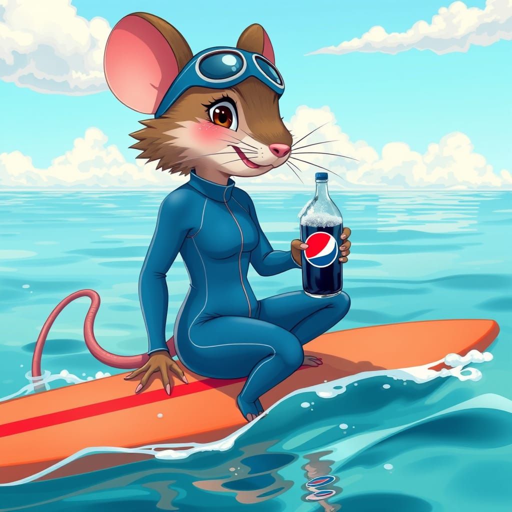 Mouse Surfer Sipping Pepsi: Stylized Digital Illustration