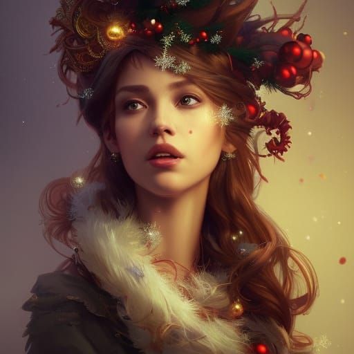 Hyperdetailed Christmas Queen Portrait in Art Nouveau Style