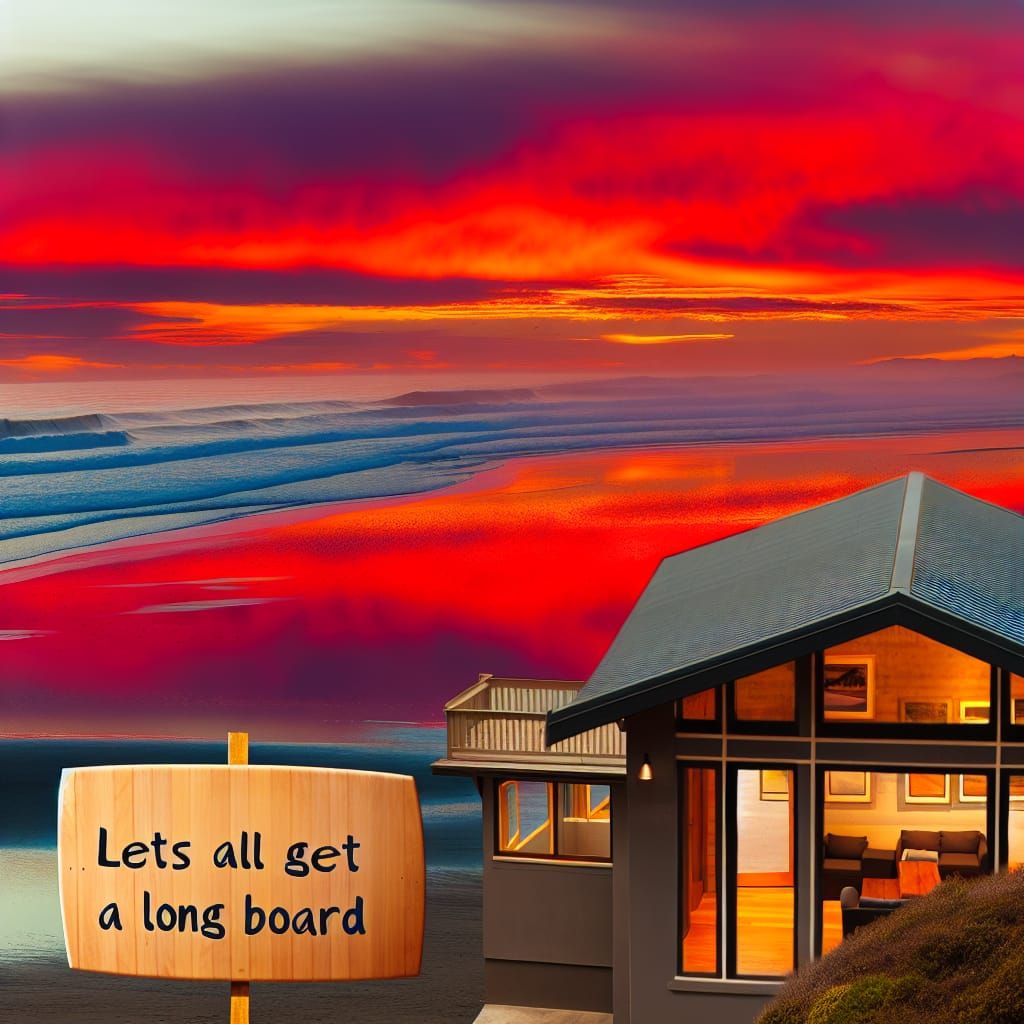 Sunset Beach House with Surfboard Sign