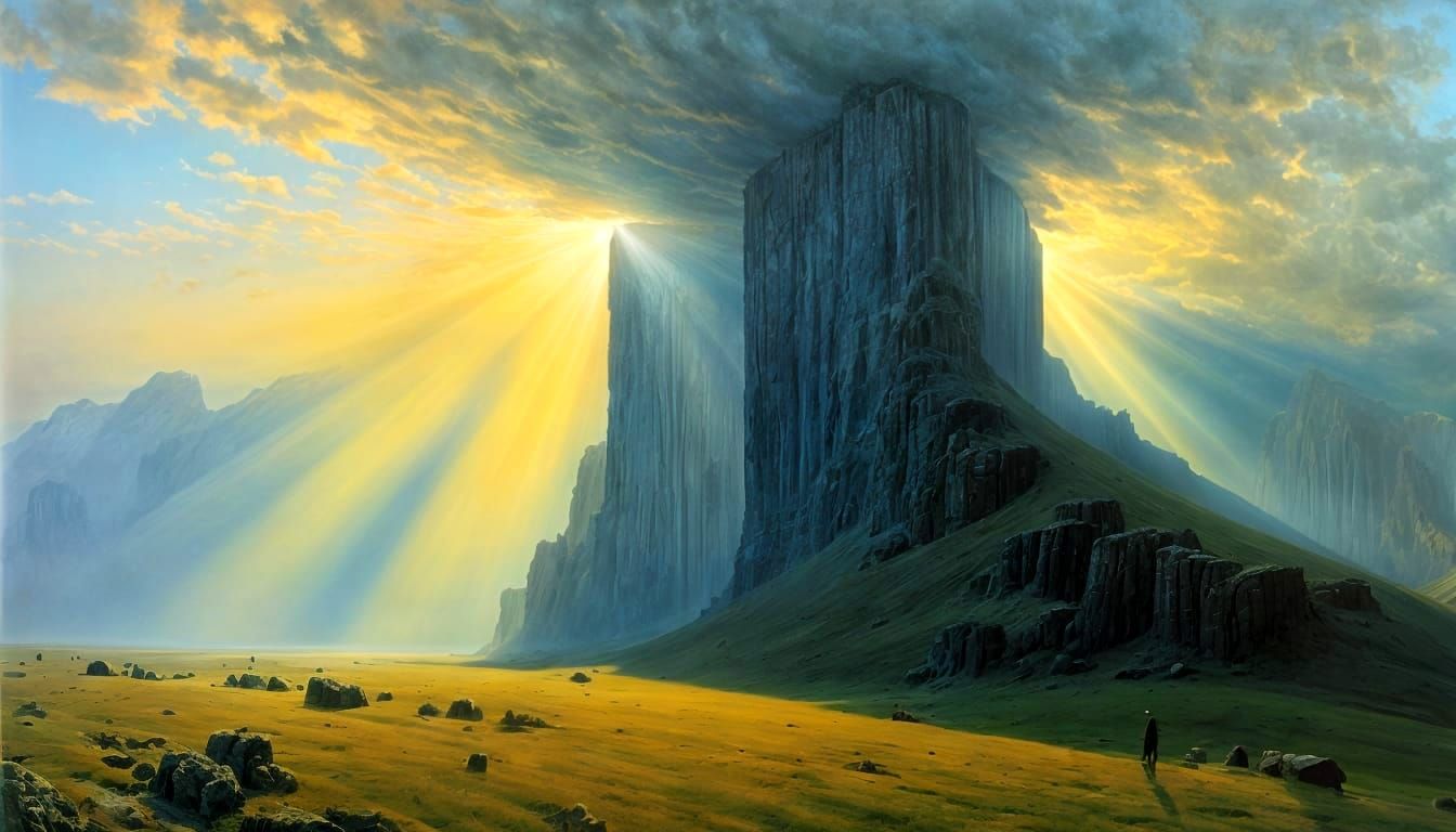 Cliff with Crepuscular Rays in Beksiński Style