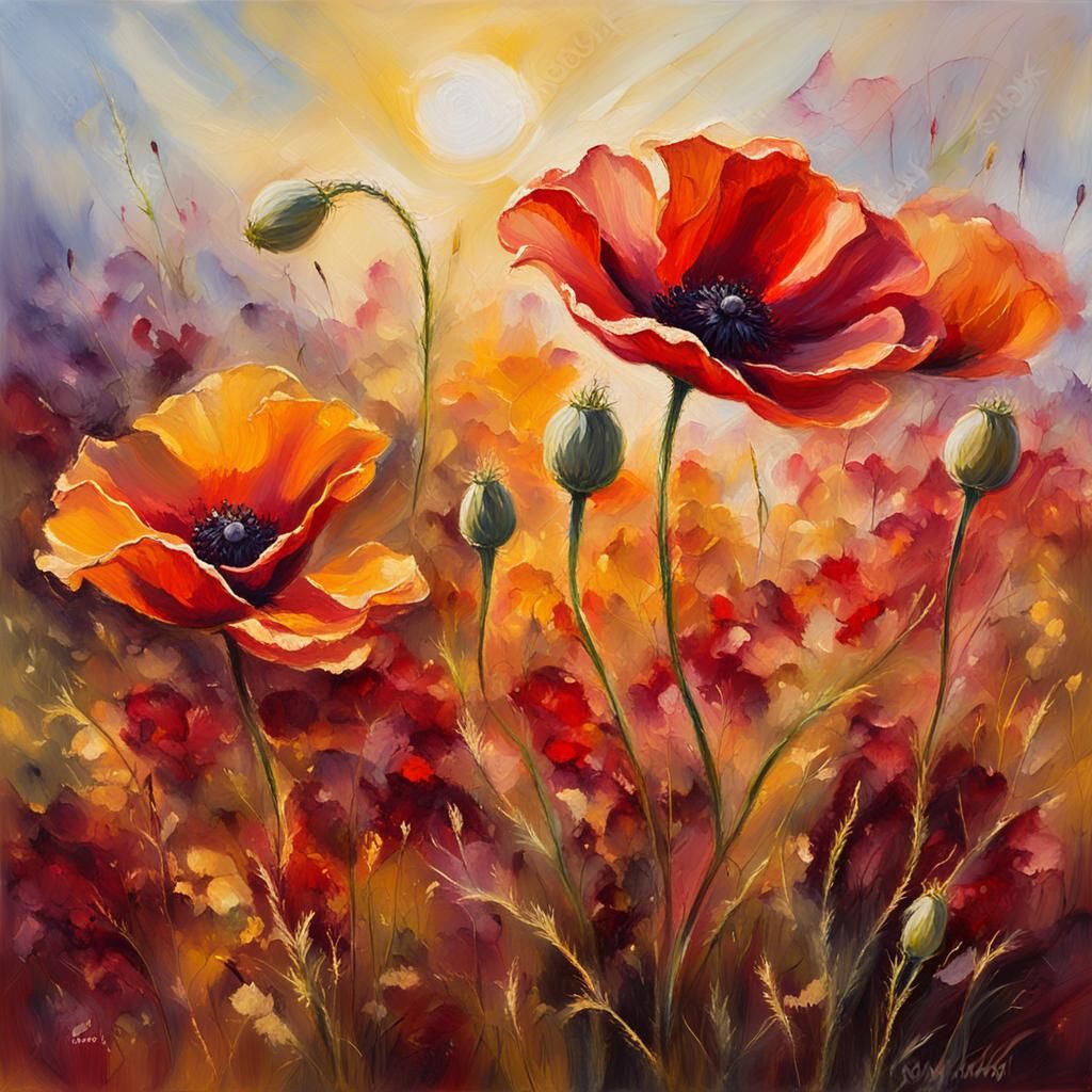 Crimson and Gold Poppies in Impressionist Style