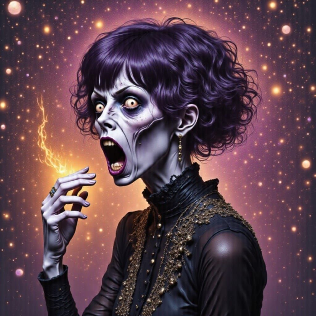 Steampunk Witch Breathing Fire in Cyberpunk Style