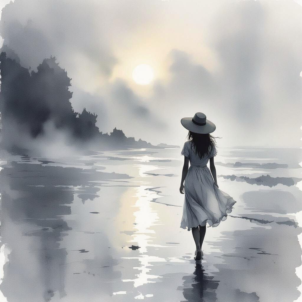Ethereal Watercolor of a Girl on a Foggy Beach