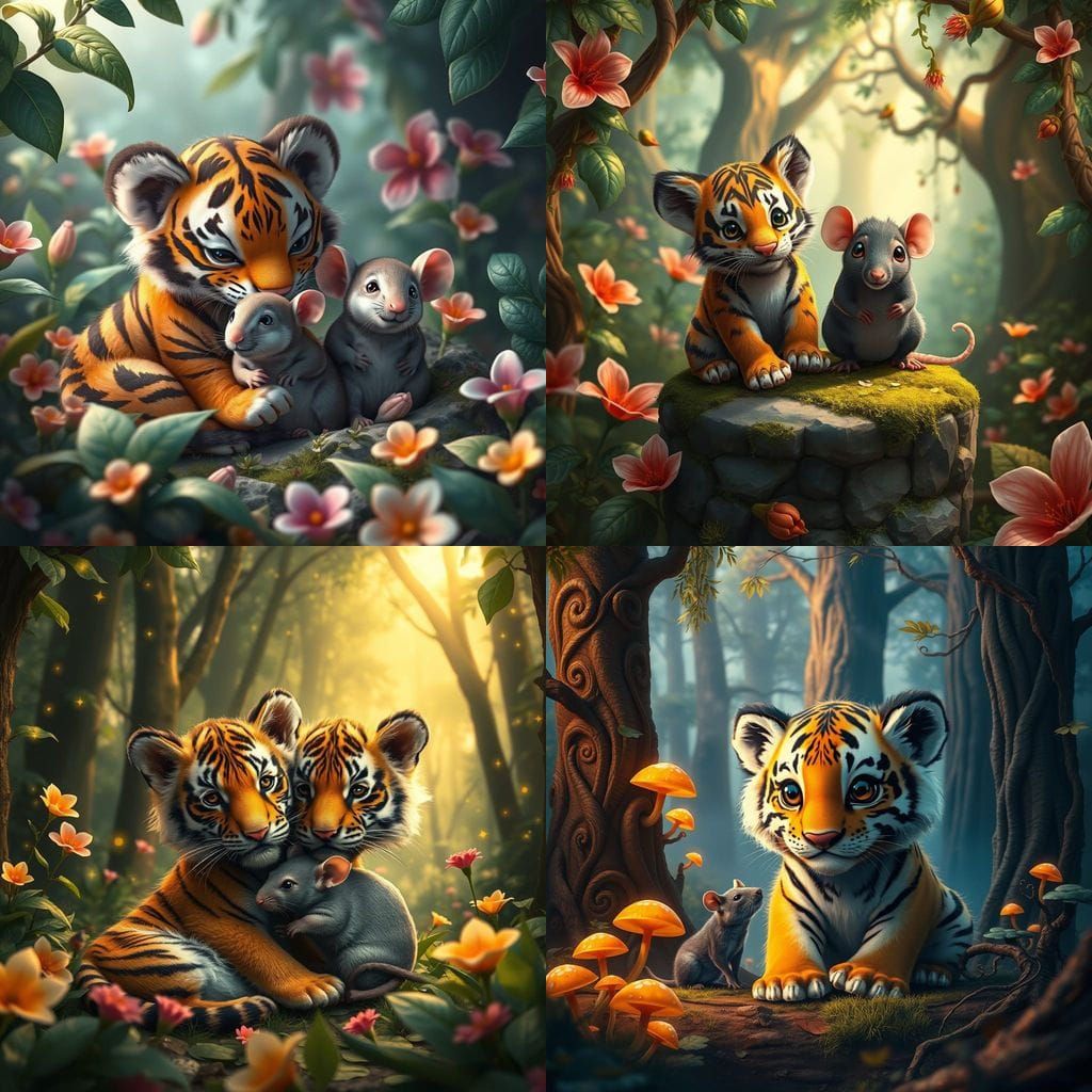 Whimsical Tiger and Rat in Vibrant Fantasy World