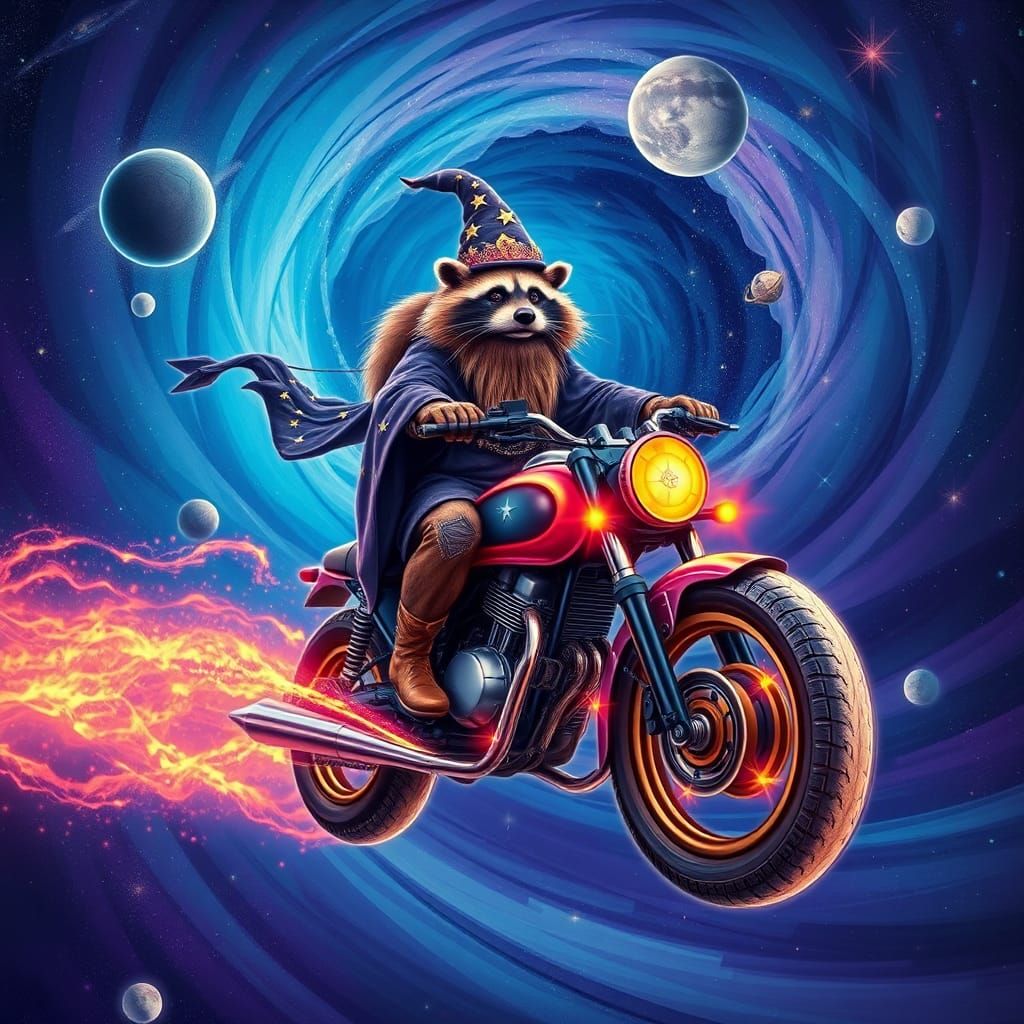 Raccoon Wizard Rides Cosmic Motorcycle in Psychedelic Style