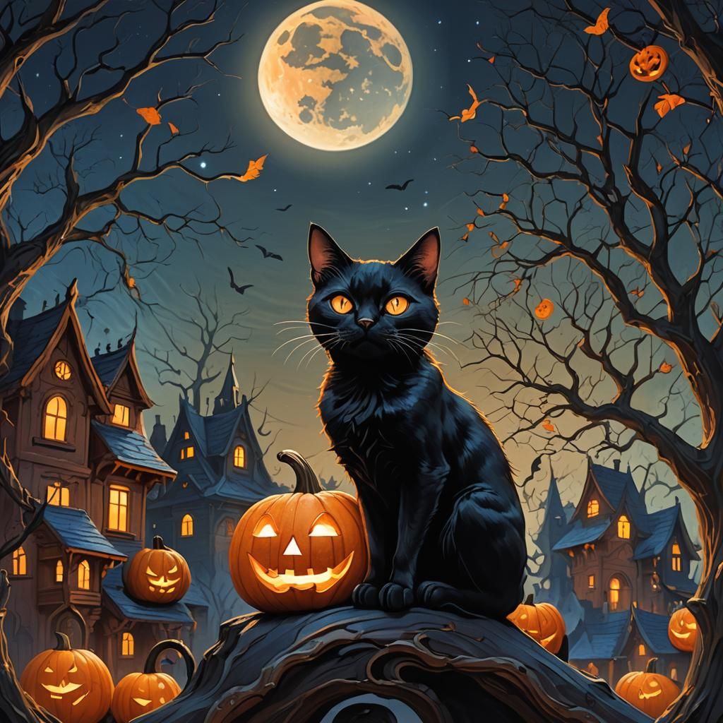 Black Cat and Jack-o'-Lantern: Dark Fantasy Art