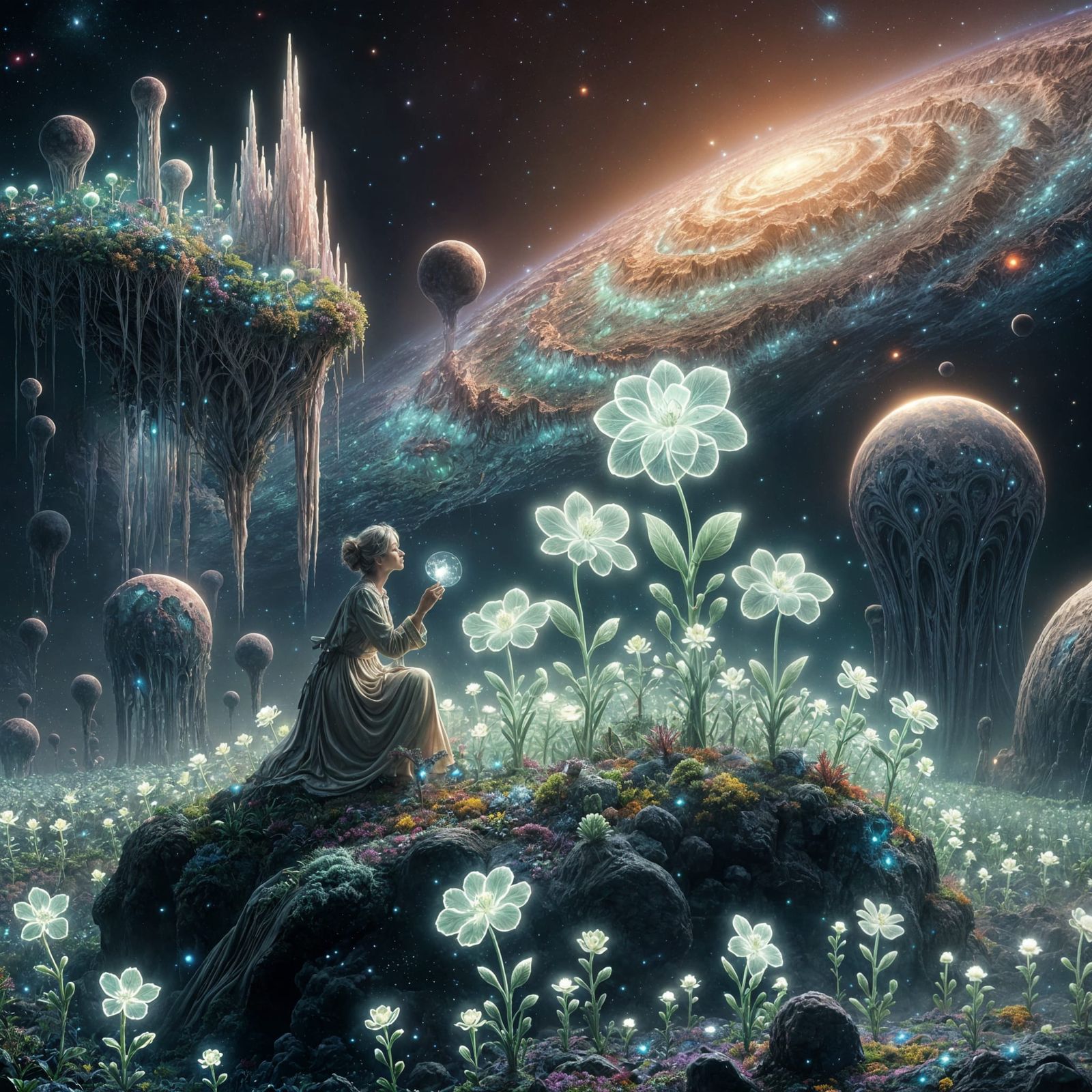 Botanist's Bioluminescent Asteroid Garden: Romantic Oil Past...
