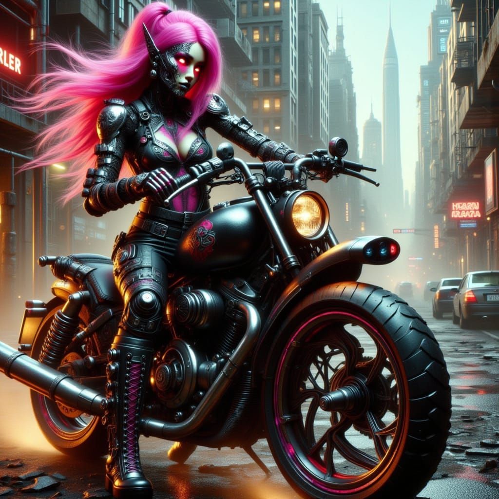 Cyberpunk Warrior on Futuristic Motorcycle in Apocalyptic Ci...