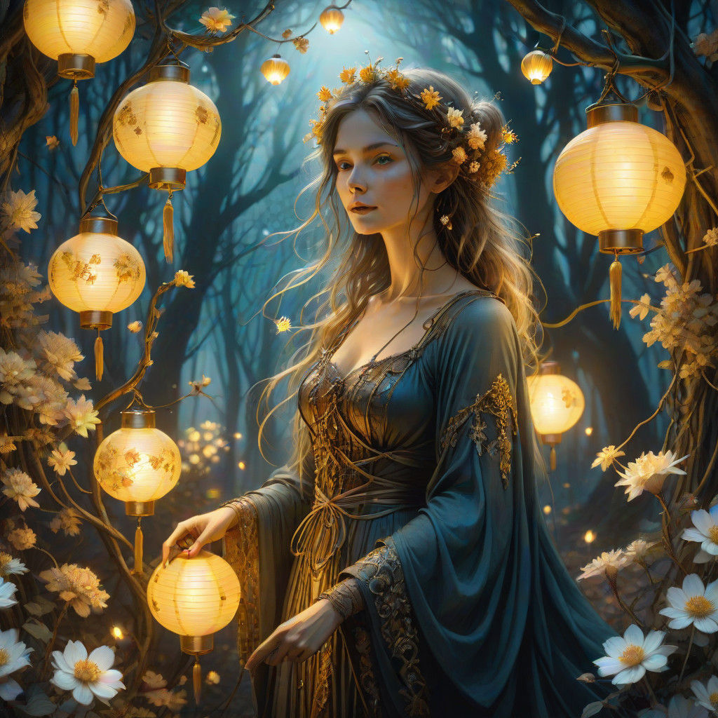 Whimsical Mystic Surrounded by Blooming Flowers in Enchanted...