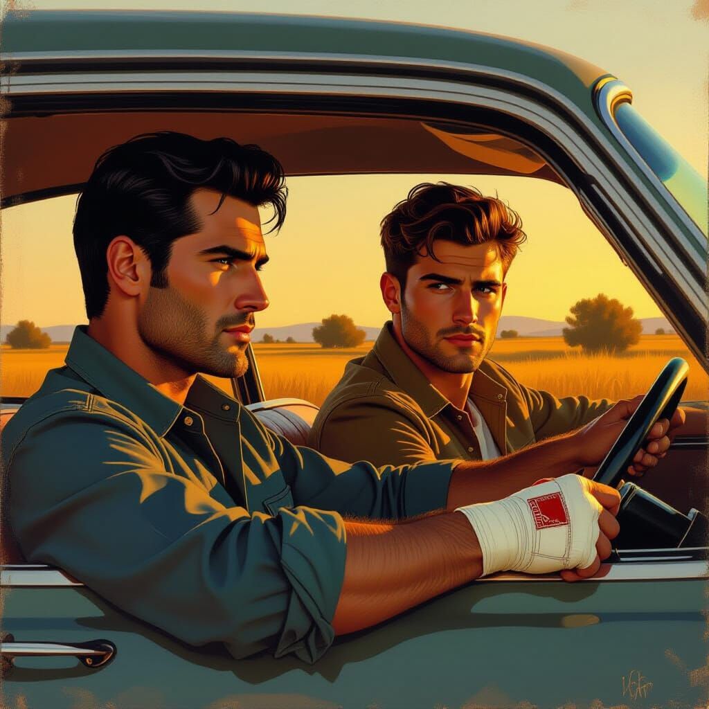 Men in Car: Golden Light, Oil Painting Style