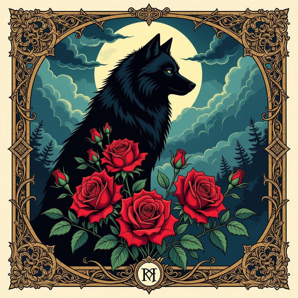 Gothic Family Crest with Wolf and Roses