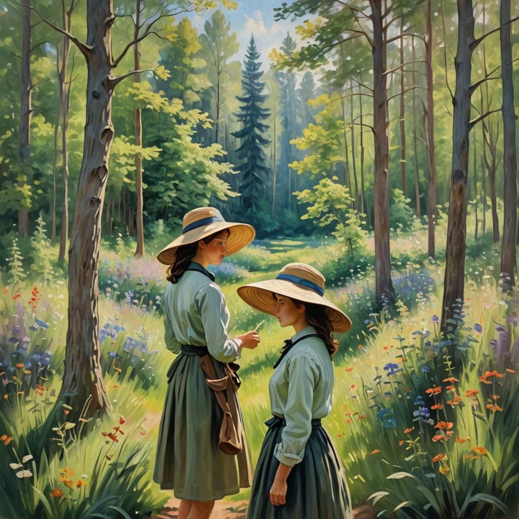 Impressionist Woman Painting Forest Landscape in Sunlight