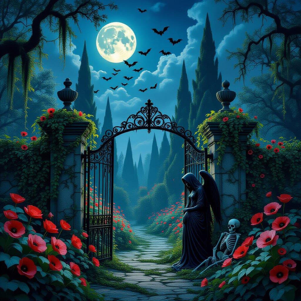 Eerie Gothic Garden with Weeping Angel Statue