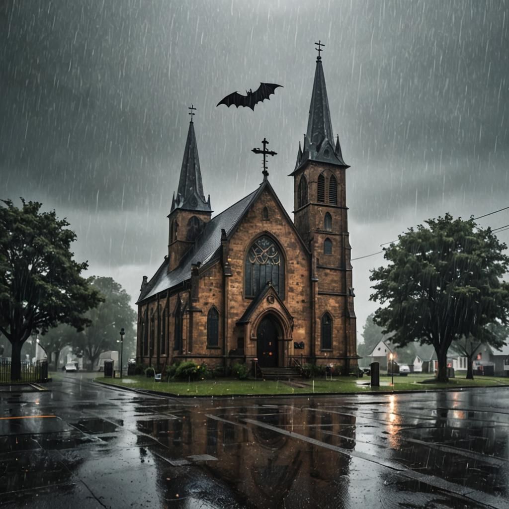 Gothic Church with Bat-Winged Demon in Rain