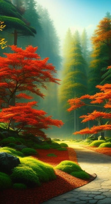 Enchanting Forest Scene with Red Maples