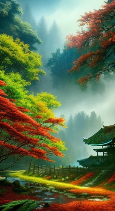 Enchanted Forest Path with Red Maples