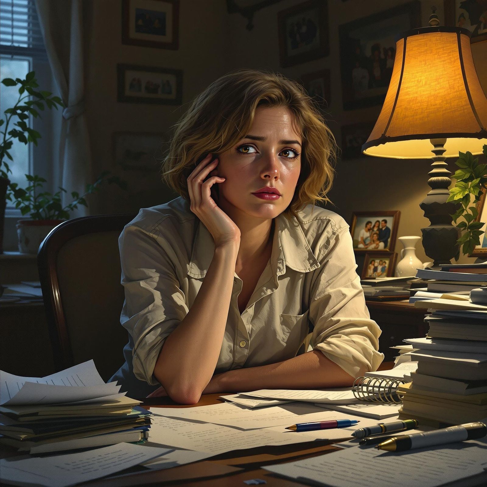 Weary Psychologist at Desk in Oil Painting Style
