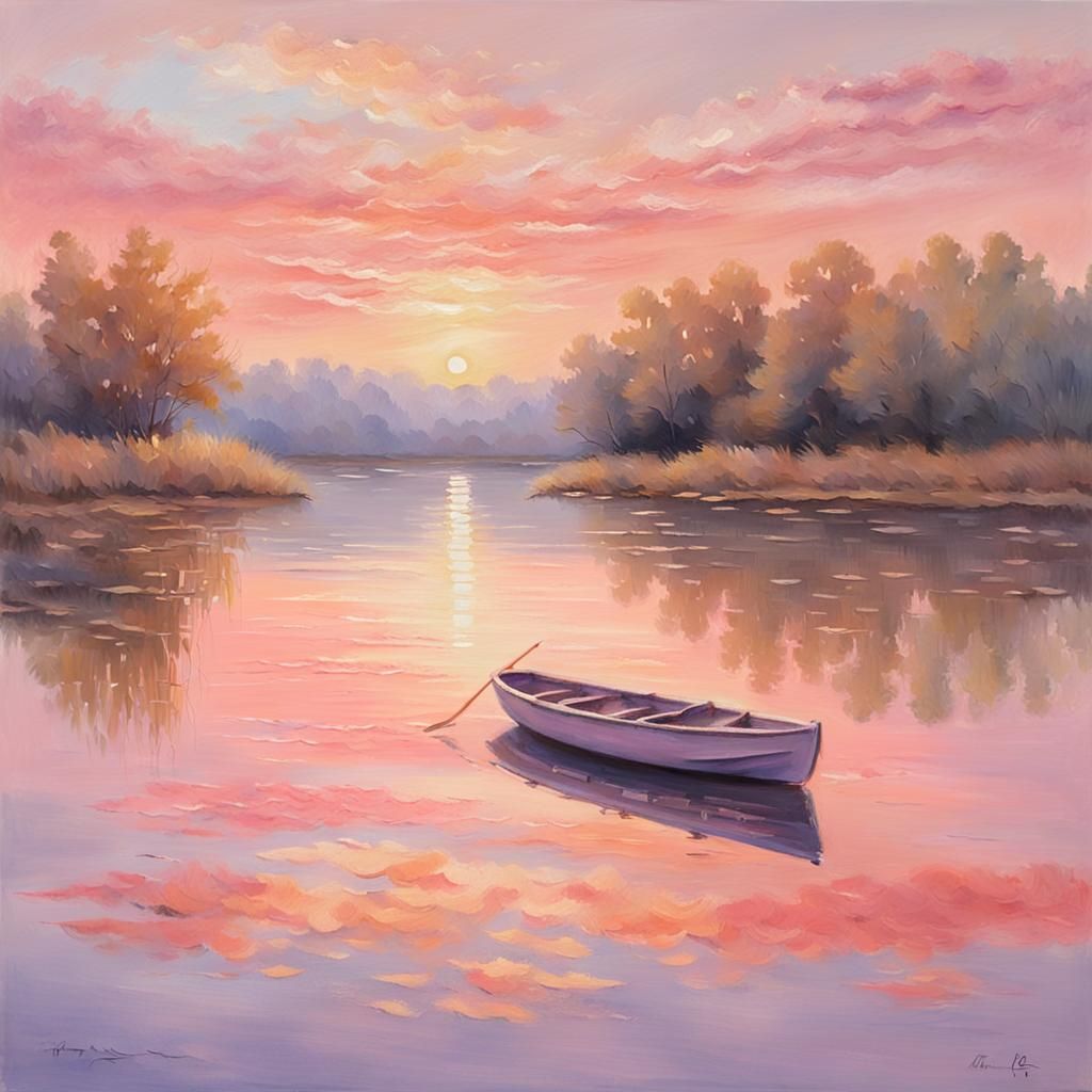 Sunrise Rowboat: Impressionist Lake Scene
