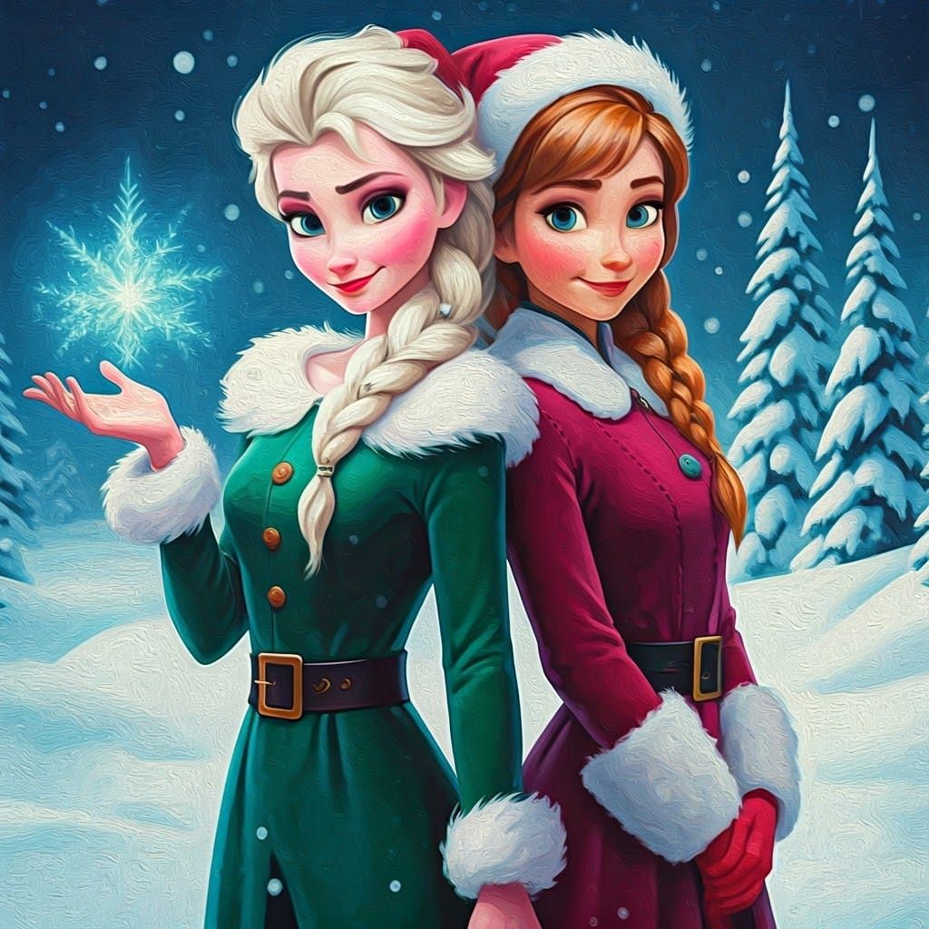 Anna and Elsa as Santa's Elves in Winter Wonderland