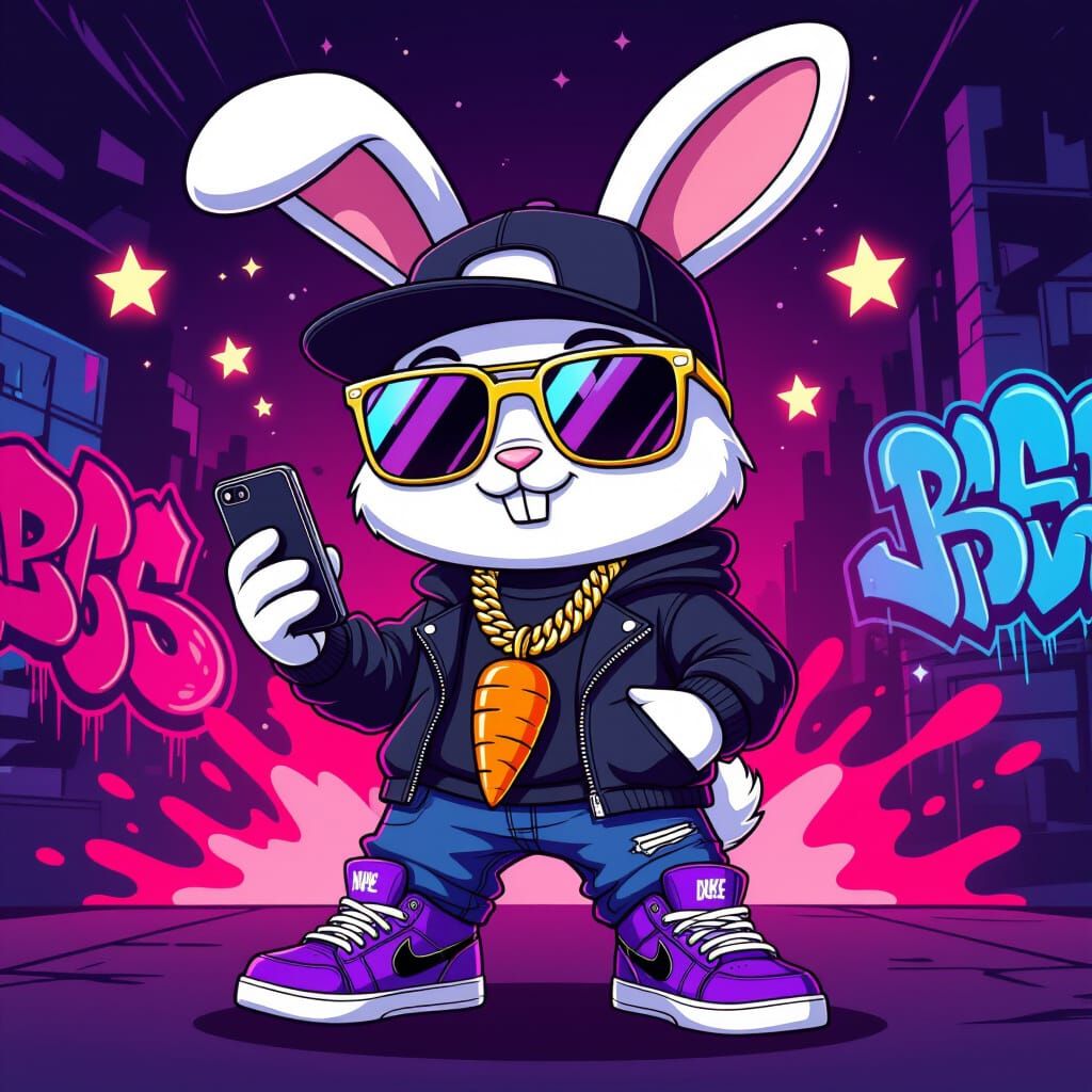 Hip Hop Bunny Character in Streetwear with Futuristic Swag