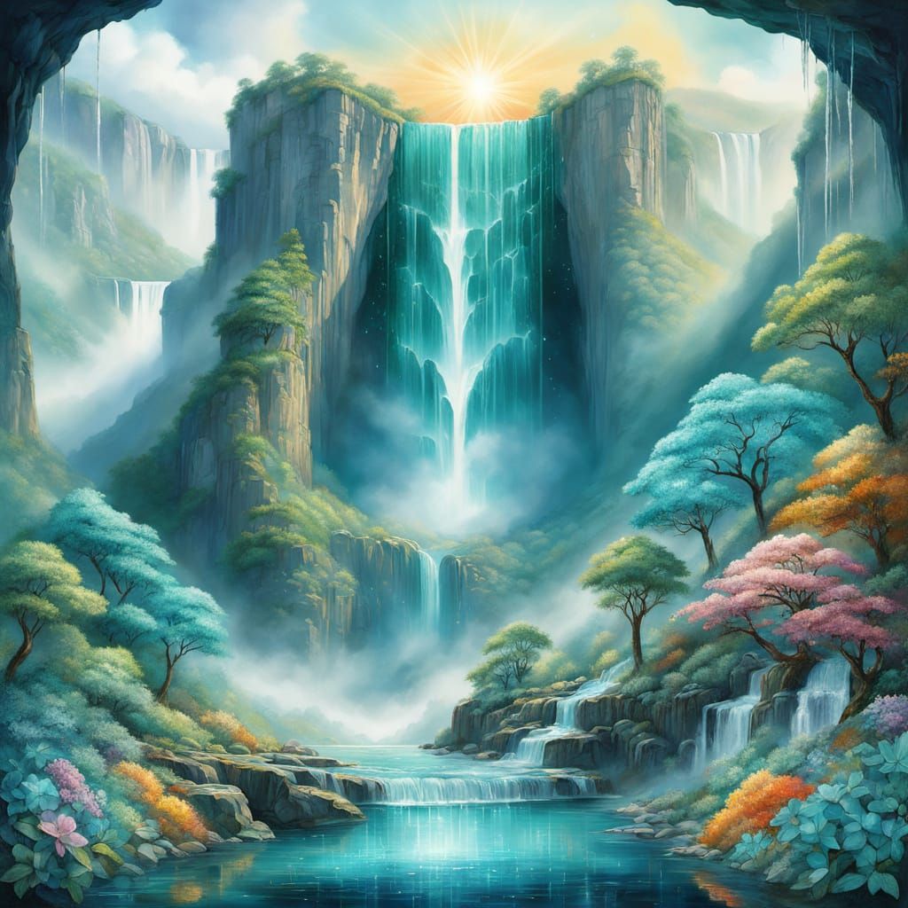Majestic Crystalline Waterfall in Art Nouveau Style