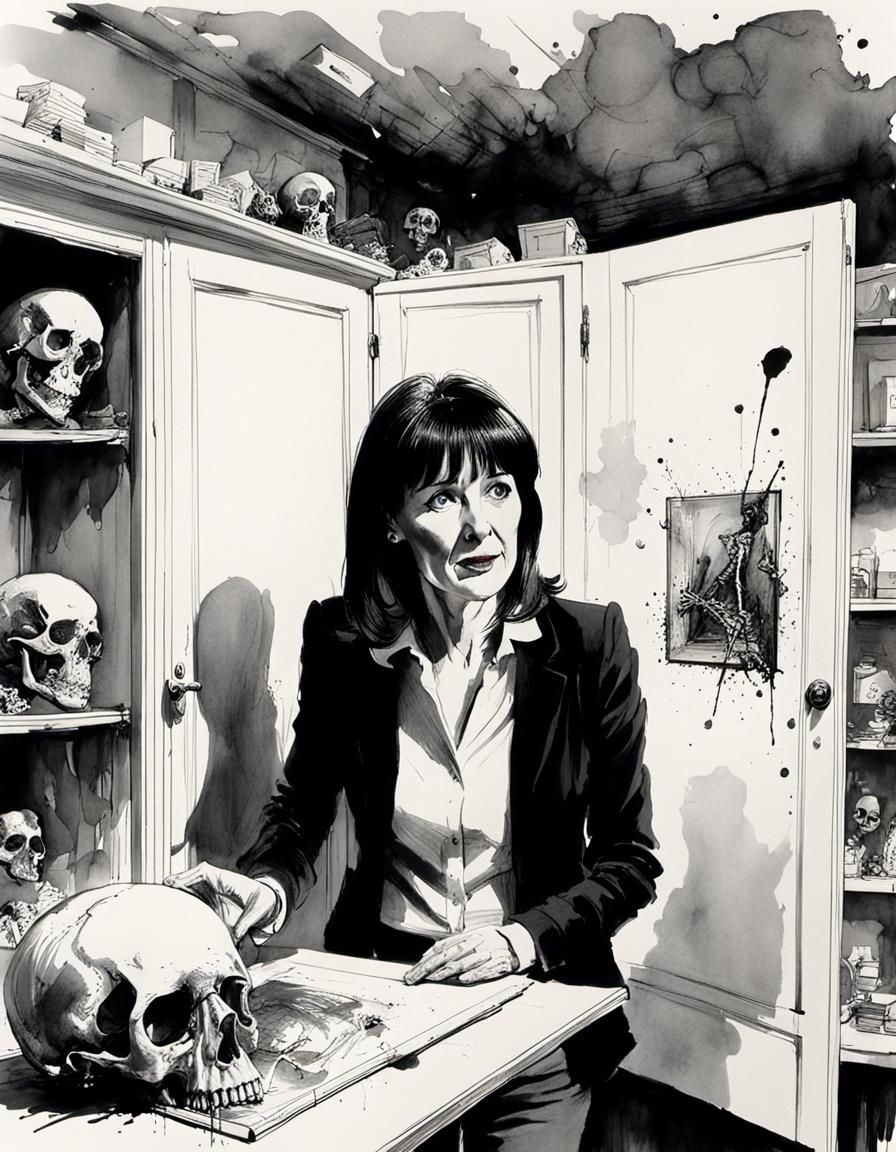 Rachel Reeves and the Skeleton, in Steadman Style