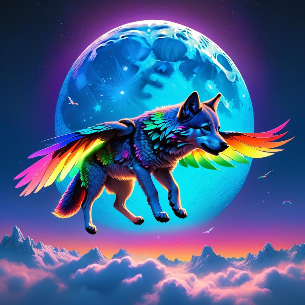 Rainbow Winged Wolf Pup Soaring at Night