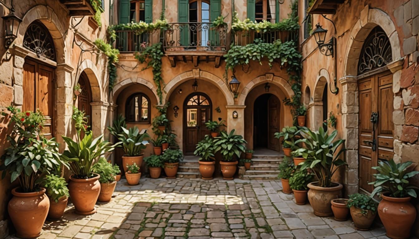 Mediterranean Courtyard Art in Impressionist Style