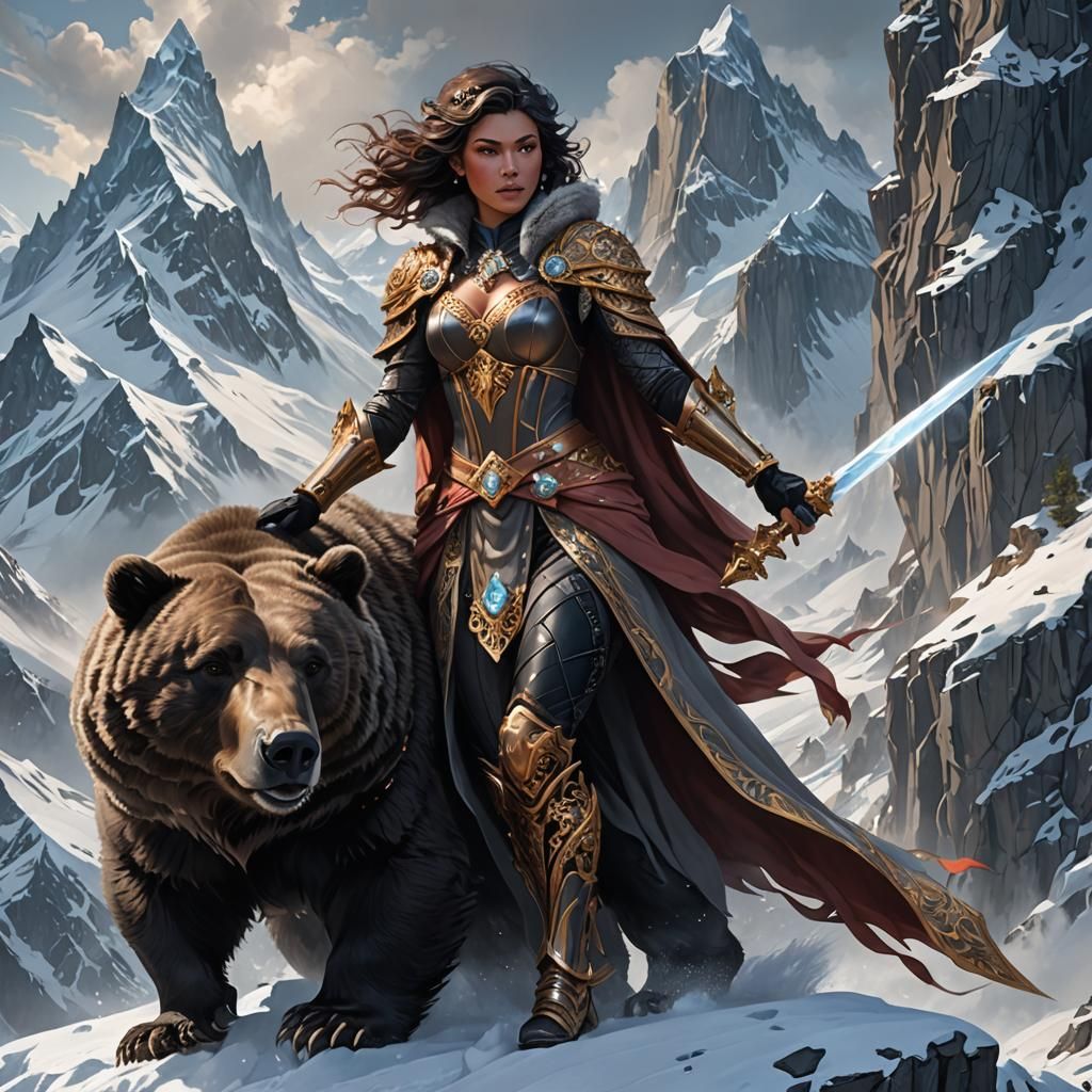 Sorceress on Bear with Crystal Sword, Detailed Portrait