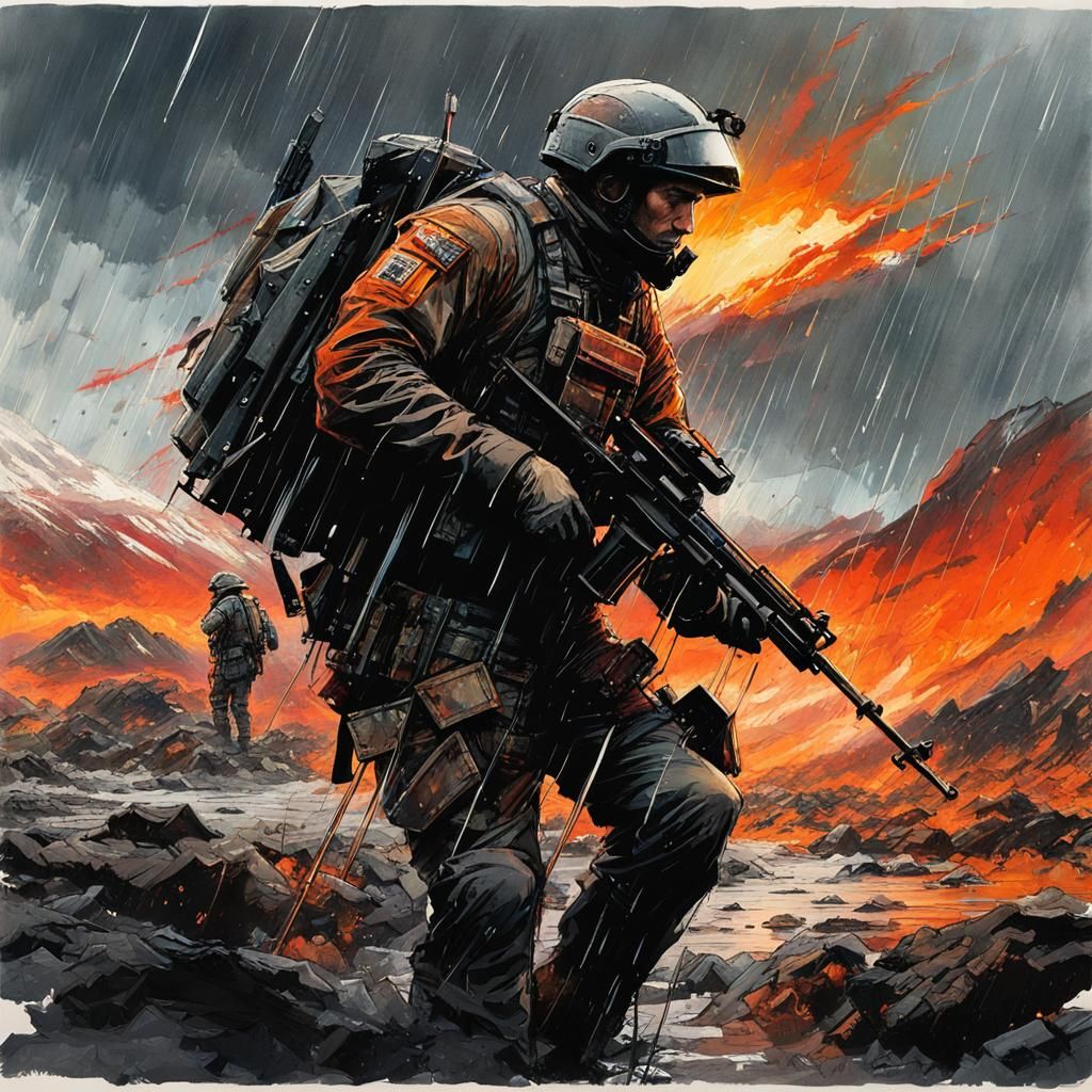 Futuristic Soldier in Rainy Wasteland: Brush Pen Drawing