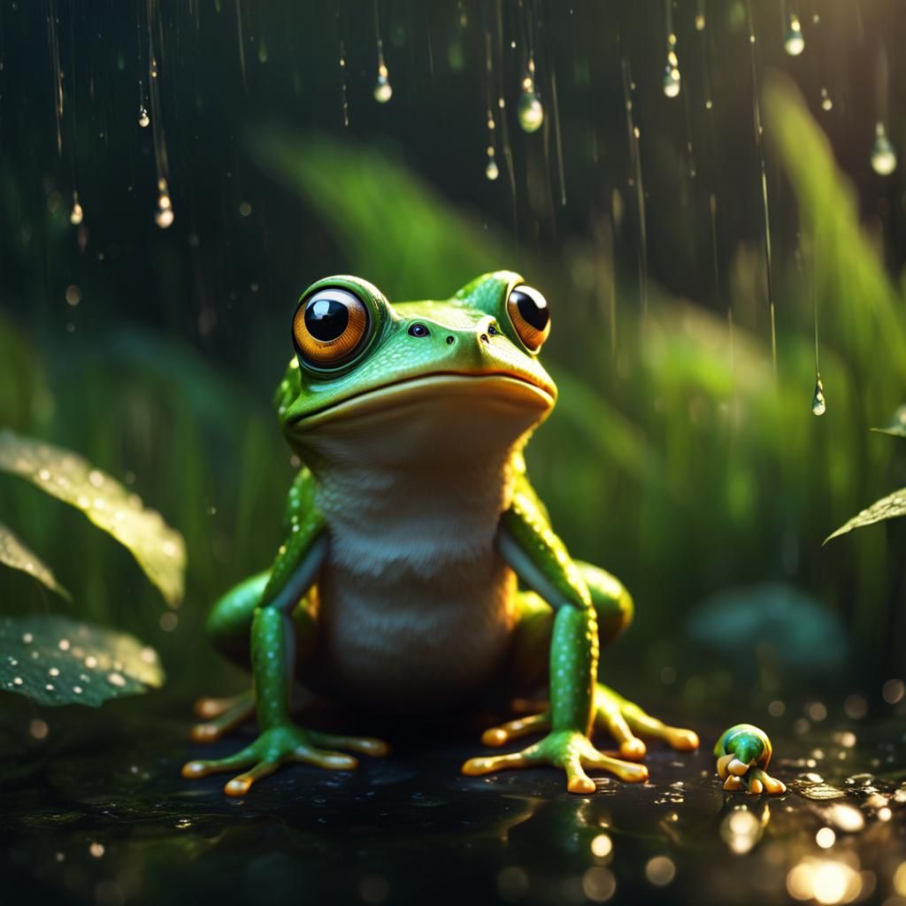 Sad Frog in Rain, Fantasycore Digital Artwork