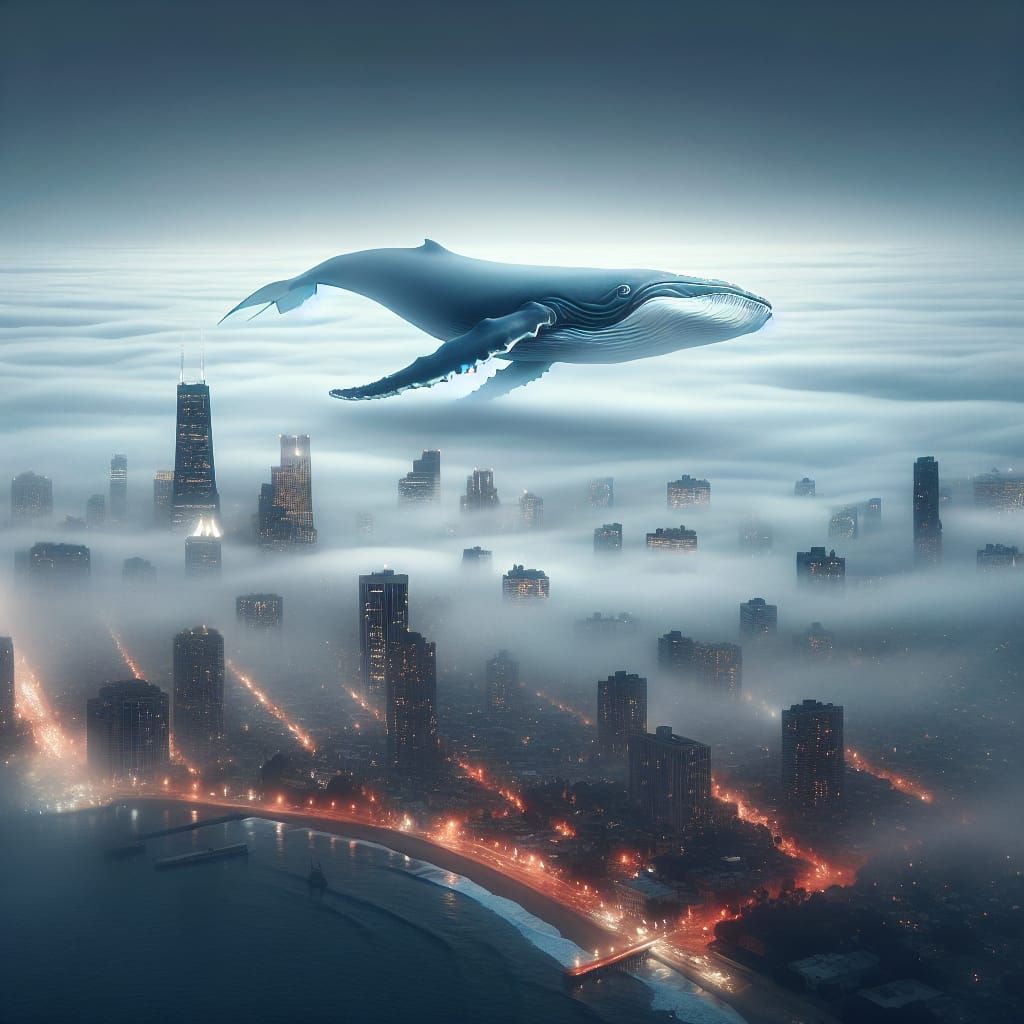 Whale Swimming Above Misty Cityscape