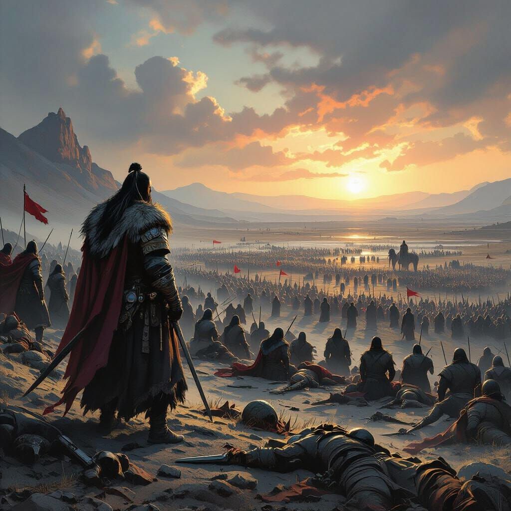 Genghis Khan's Army Victorious on Battle-Scarred Landscape