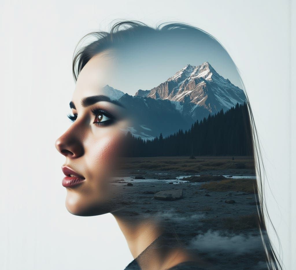 Double Exposure Portrait: Woman Merged with Mountain Landsca...