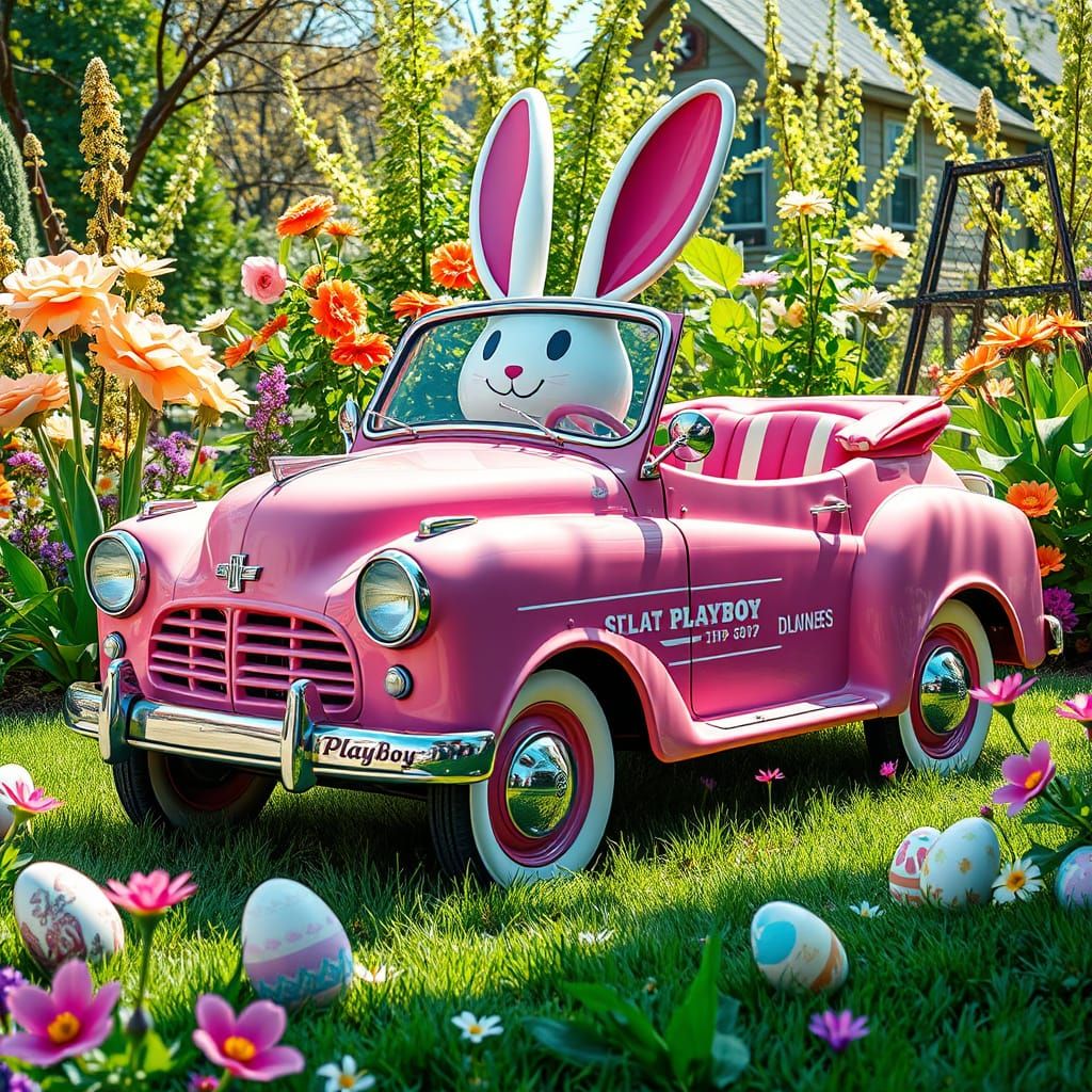 Vintage Playboy Bunny Car in Vibrant Easter Garden