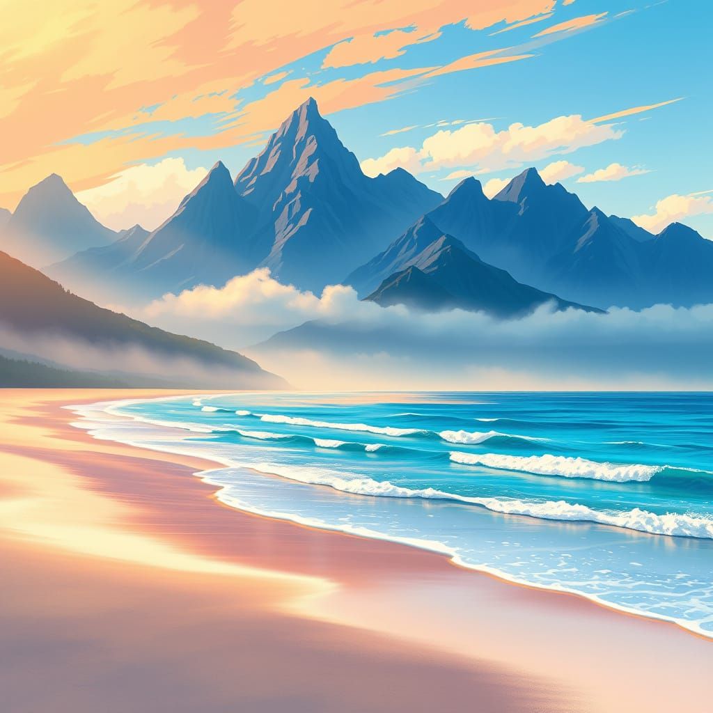Surreal Anime-Inspired Beachscape with Majestic Mountains