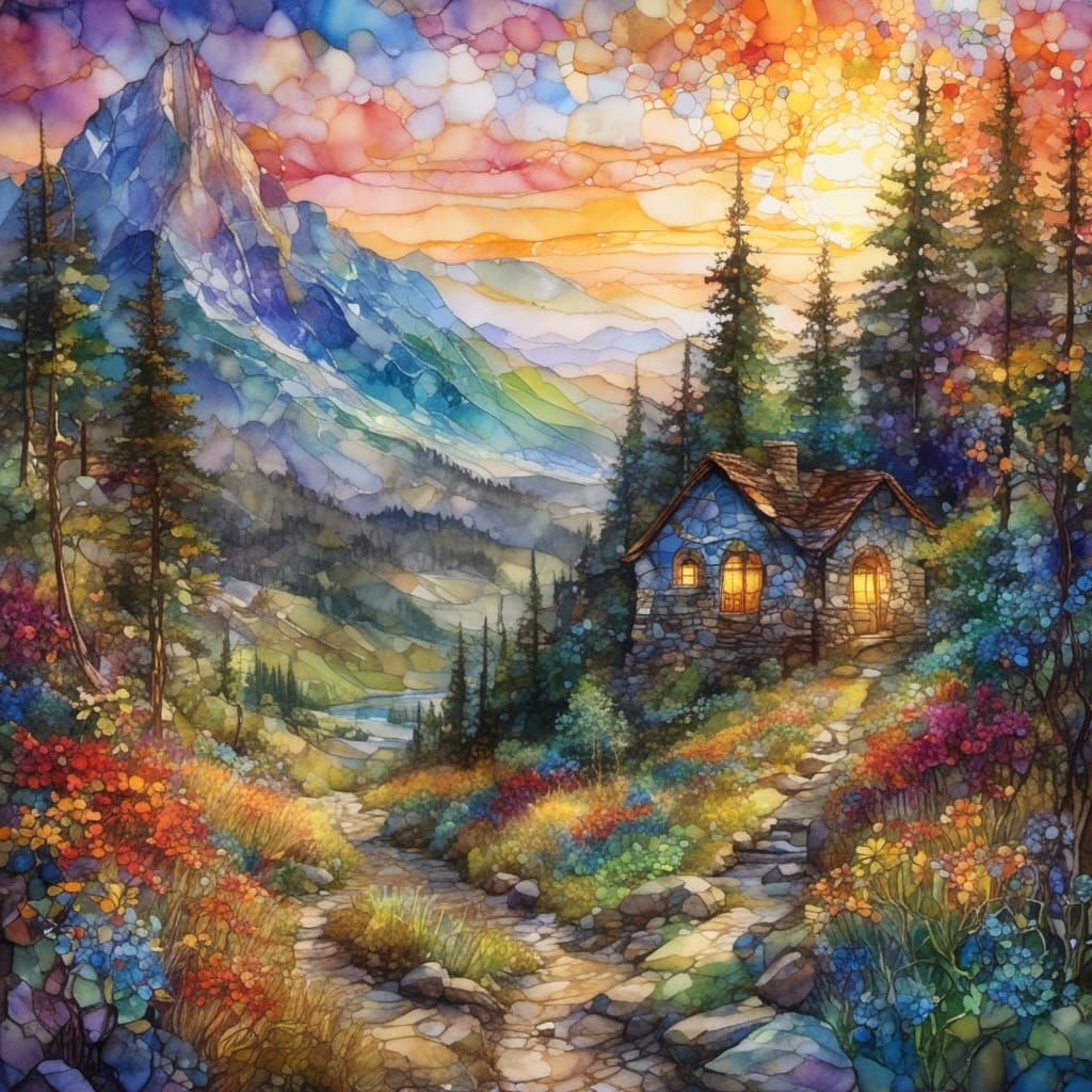 Stained Glass Mountain Landscape in Watercolor Style